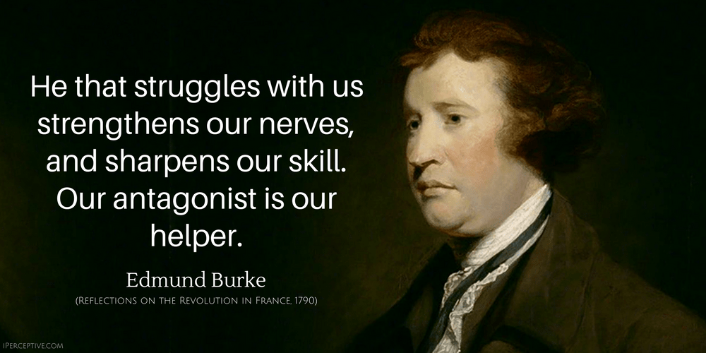 Edmund Burke Quote: He that struggles with us stregthens our nerves...